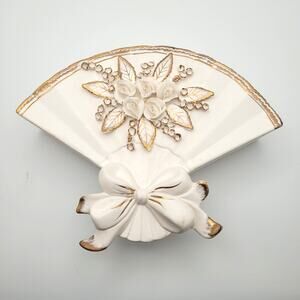 Vintage Wall Pocket Wall Vase White Japan Fan Flowers Leaf Gold Bow 6.5" Cottage
